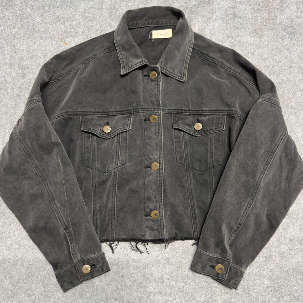 Mono B Womens Cropped Denim Jacket Washed Black Raw Hem KJ11285‎ Size S